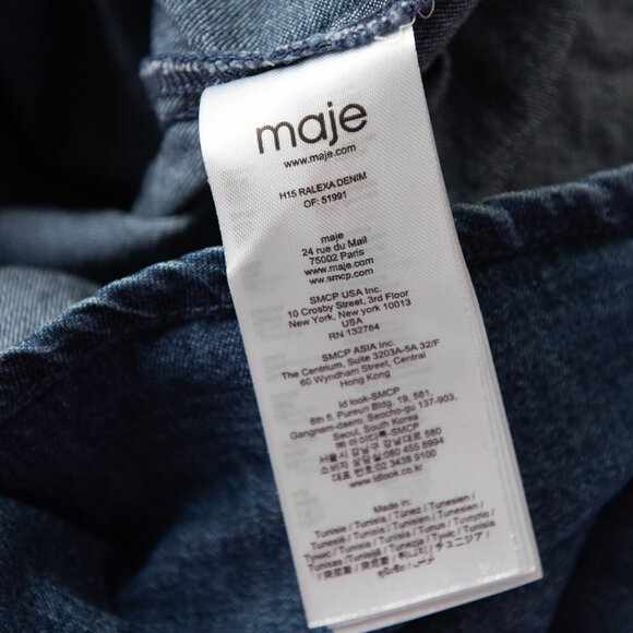 Maje Ralexa Denim Shirt Dress Velvet Belt Snap Front Blue Size 1 Small - Picture 2 of 8